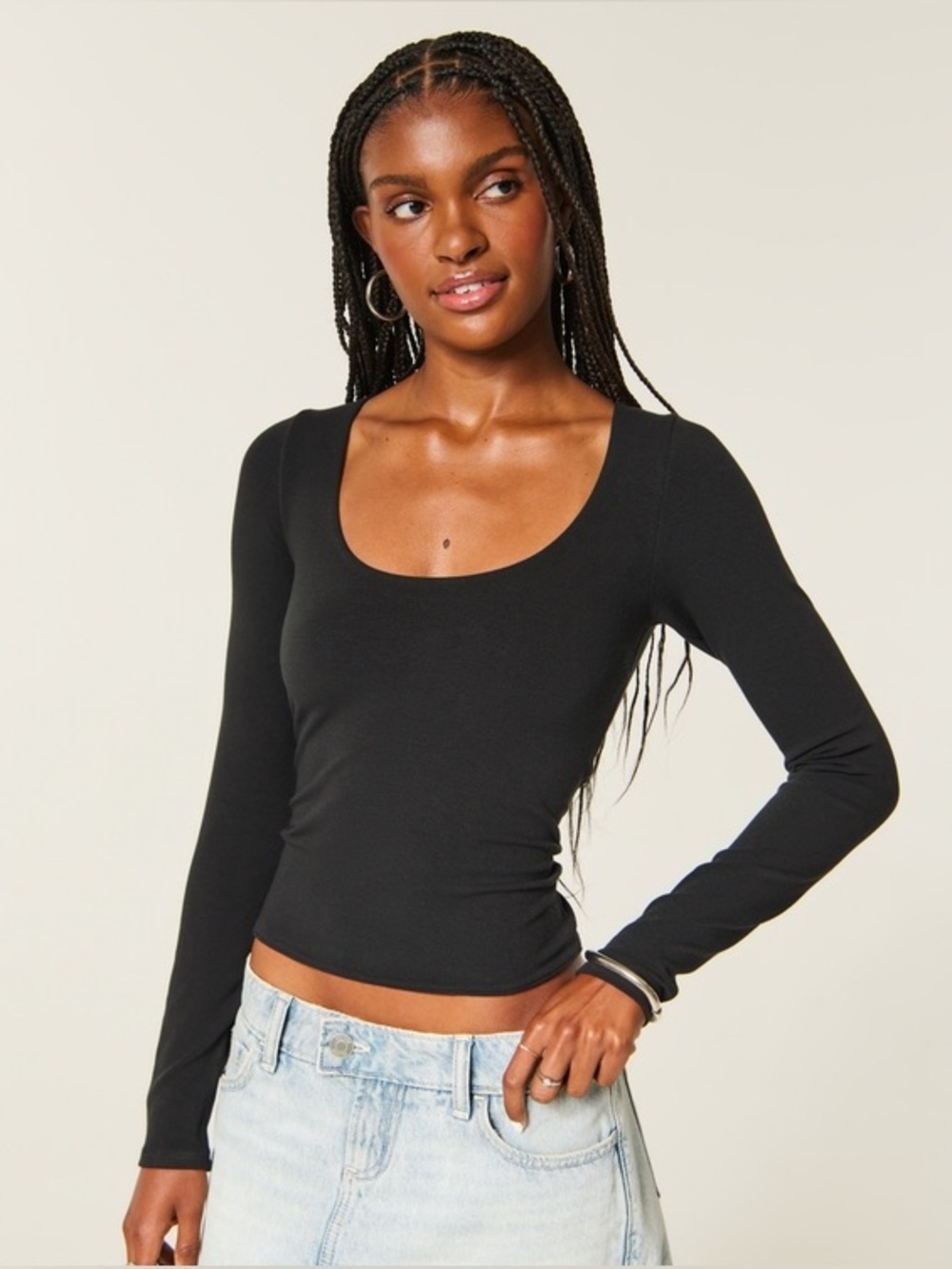 Hollister Scoop Neck Long Sleeve Top - Black